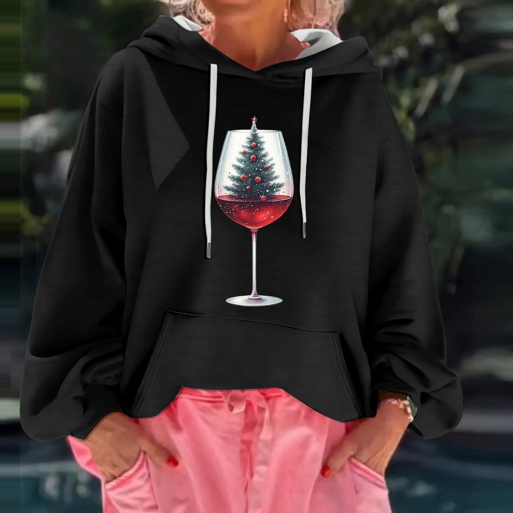 Women's Christmas Print Loose Casual Long Sleeve Hooded Sweatshirt