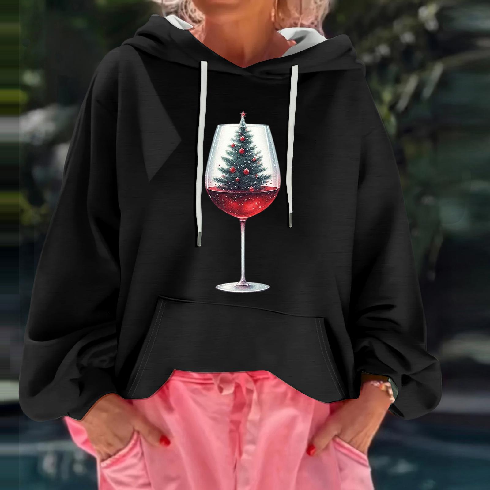 

Женский рождественский принт, свободный повседневный худи с длинным рукавом и капюшоном L чёрный