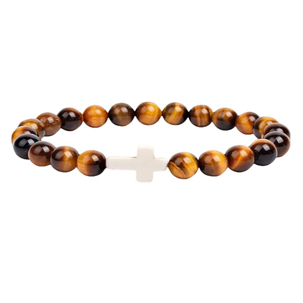 Ftcy 8mm Achat Kreuz Perlen Armband Herren Damen Vulkanstein Gelbes Tigerauge Türkis Stressabbau Religiöse Handketten Geschenke