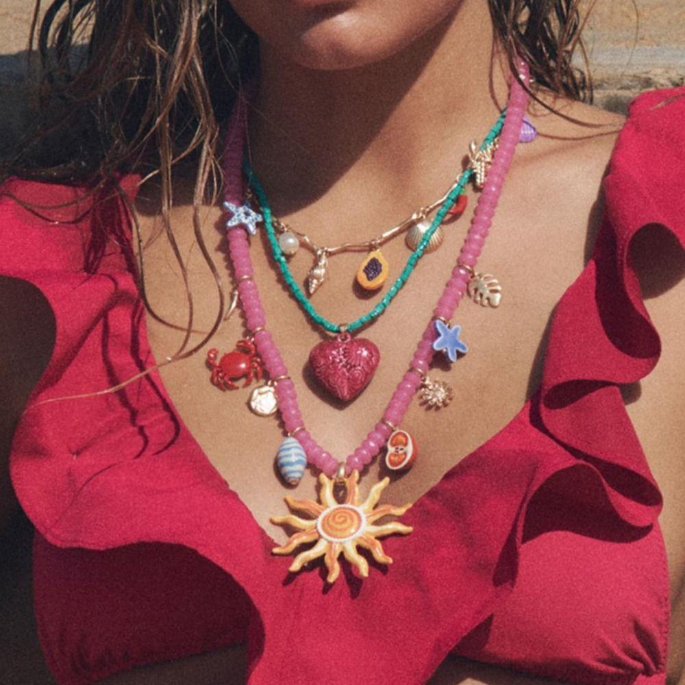 Avocado Rice Bead Necklace Love Dopamine Necklace Geometric Sun Pendant Necklace Gift