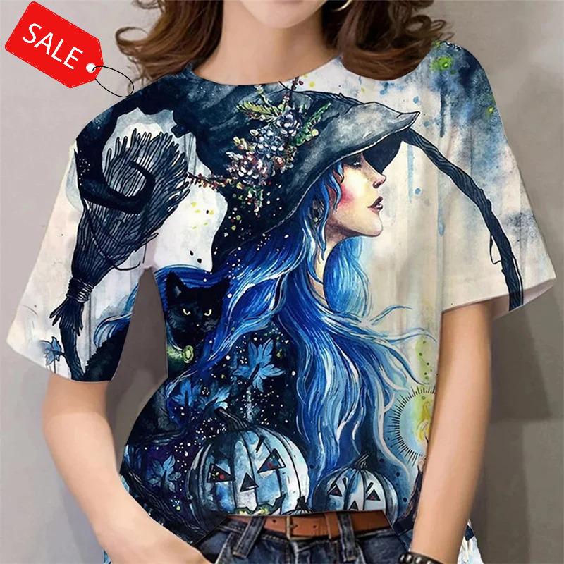 Halloween Pattern T Shirt For Women Witch 3d Printed Short Sleeves Summer Casual Oversized T-shirts O-neck Tops Tees Streetwear