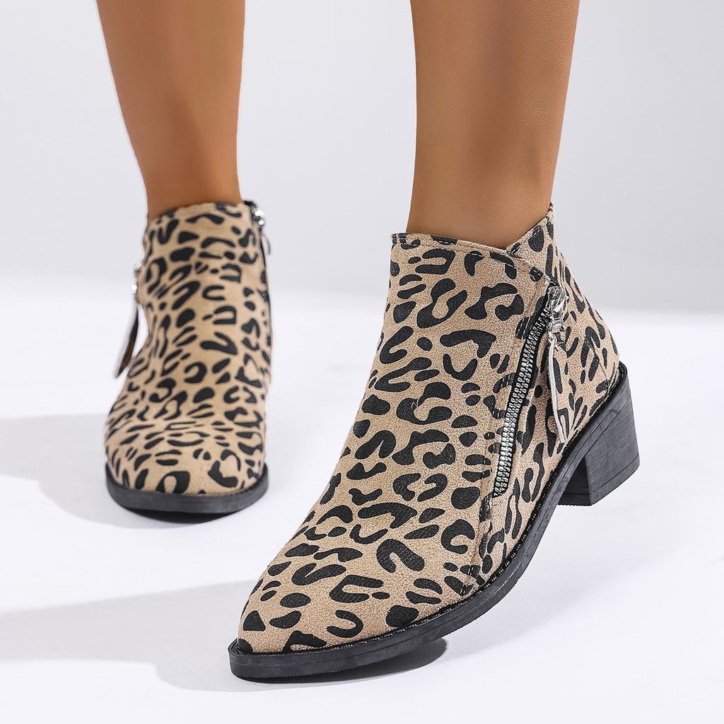 2025 Herbst neue spitze Leopardenmuster mittelhohe Stiefeletten Übergröße seitlicher Reißverschluss dicker Absatz europäisch-amerikanische Chelsea Boots Damen