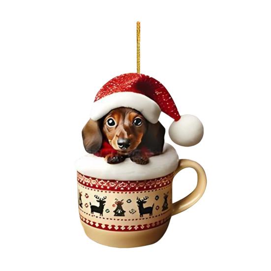 Dachshund Christmas Ornament Puppy In Mug Christmas Tree Ornament 2D Acrylic Dachshund Hanging Decor Gifts for Dog Lovers