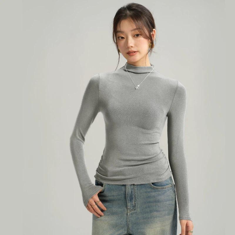 Women's Autumn And Winter Inner Wear Long Sleeved Base T Shirt Top Semi High Neck Solid Color Base Shirt