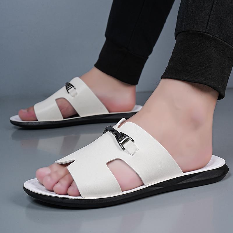 Herren Schwarz Leder Pantoffeln Flach Sommer Braun Sandalen Outdoor Weiß Breite Spitze Strandschuhe für Vater Übergröße 46 47 48