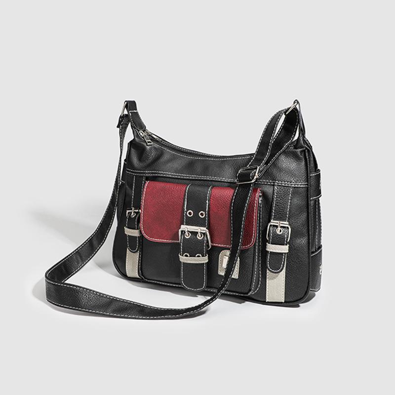 Vintage medieval bag personalized soft leather y2k Spice Girl locomotive bag women 2025 new contrasting color shoulder messenger bag tide