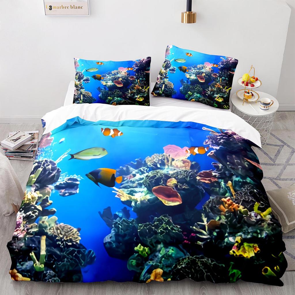 Underwater World King Queen Duvet Cover Cartoon Ocean Animal Bedding Set For Kids Fish Coral Sea Life Soft Polyester Quilt Cover