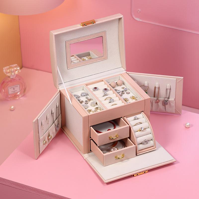 PU Leather Jewelry Organizer Boxes with Mirror Storage Box for Necklaces Rings Earrings Multi-layer Travel Jewelry Cosmetic Box