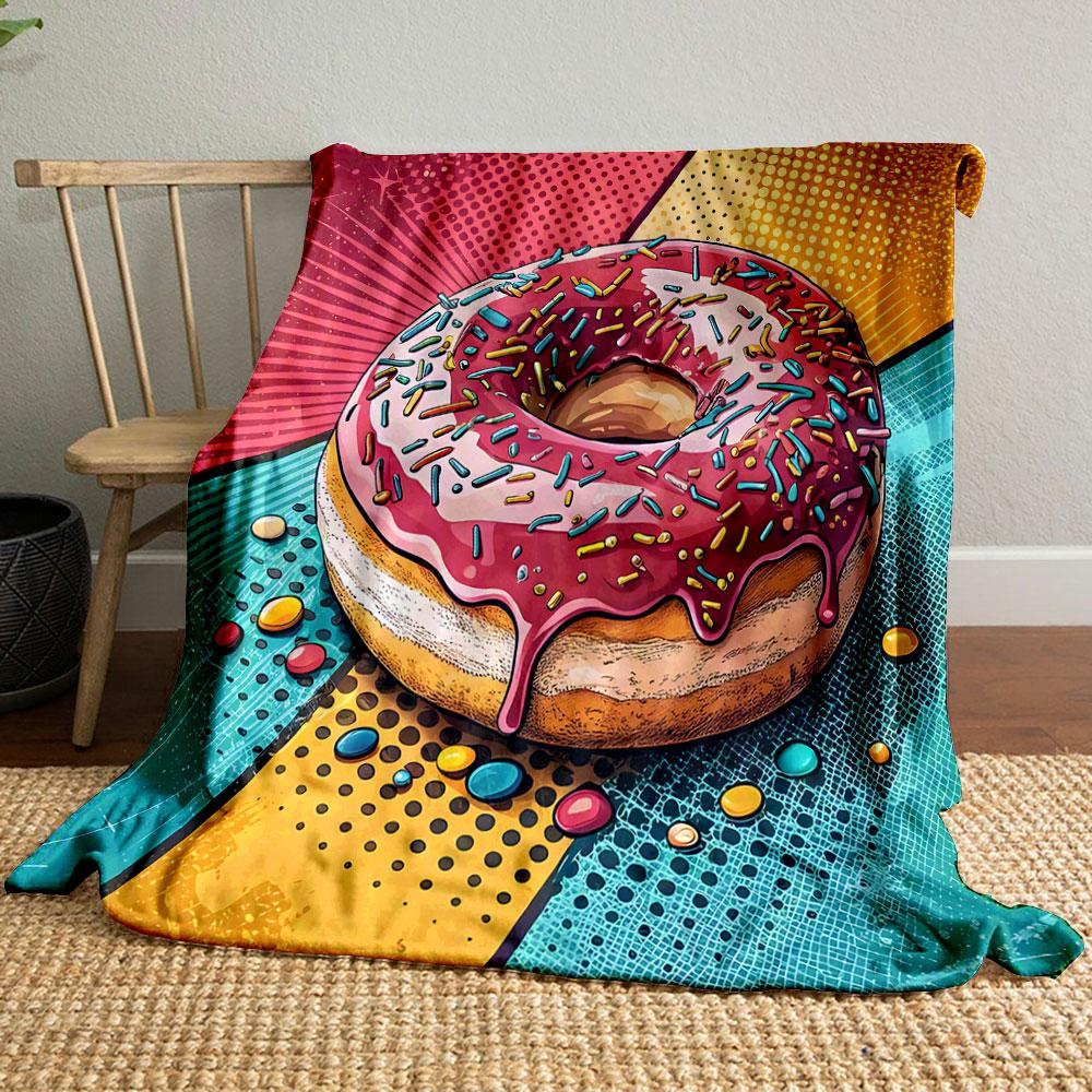 Colorful Donut Pop Art Design Patterned Blanket, Flannel, Suitable for All Seasons, Home Decor, Warm and Cozy