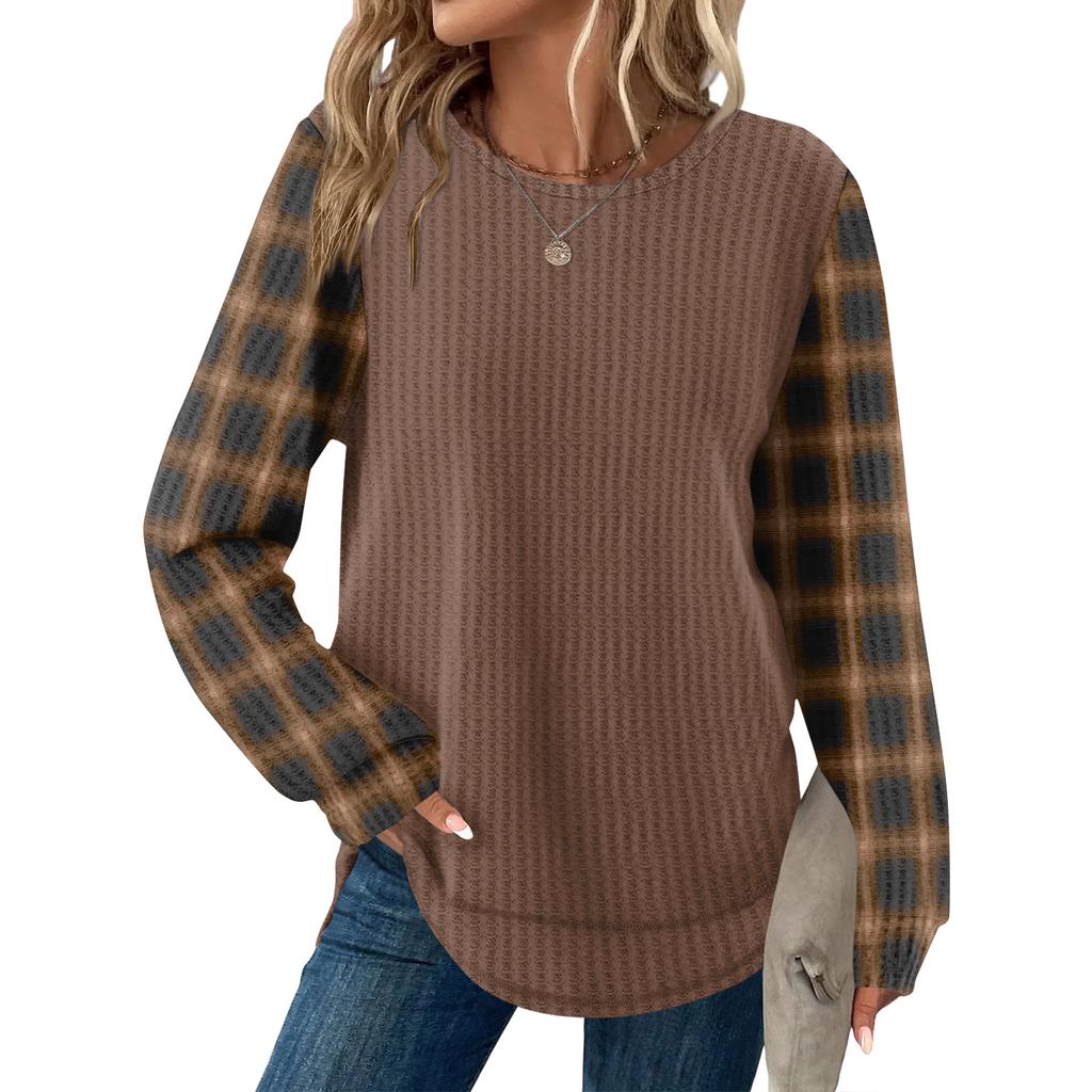 Women's Plaid Print Round Neck Long Sleeve Casual Loose Top