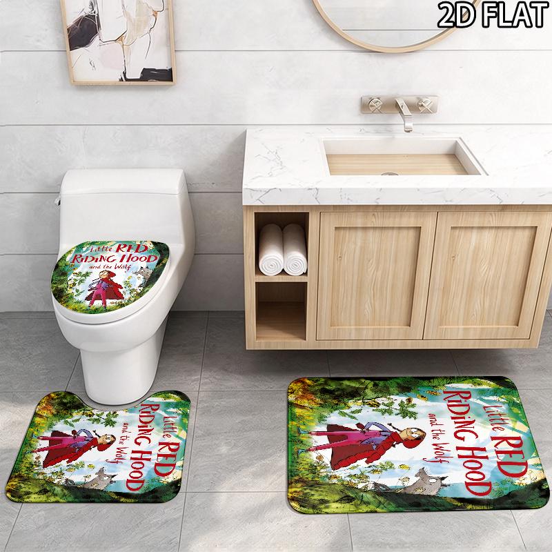3pcs Revolting Rhymes Pattern Flannel Nonslip Absorbent Washable Decorative Bathroom Home Toilet Seat Cover Mat