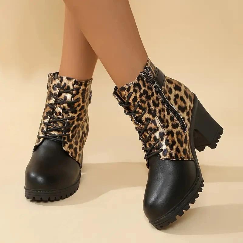 Round Toe Spring/autumn Modern Boots High Heel Square Heel Ladies Shoes On Sale 2025 Fashion Leopard Zip Women's Boots
