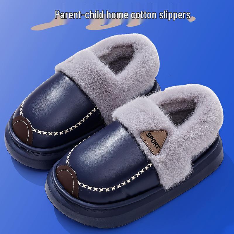 Warme rutschfeste Baumwoll-Hausschuhe für Kinder und Erwachsene mit PU-Leder, weicher Sohle und Plüschfutter für Zuhause.