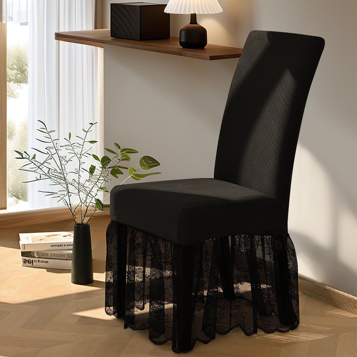 

Чехол на стул из ткани молочный шелк с кружевной отделкой, юбкой, пыленепроницаемый, нескользящий, декоративный чехол на сиденье, минималистичный роскошный стиль, защита для стула 1 pc чёрный