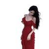 French Retro Red Spaghetti Strap Ruffle Dress - Women's Summer Beach Vacation Elegance