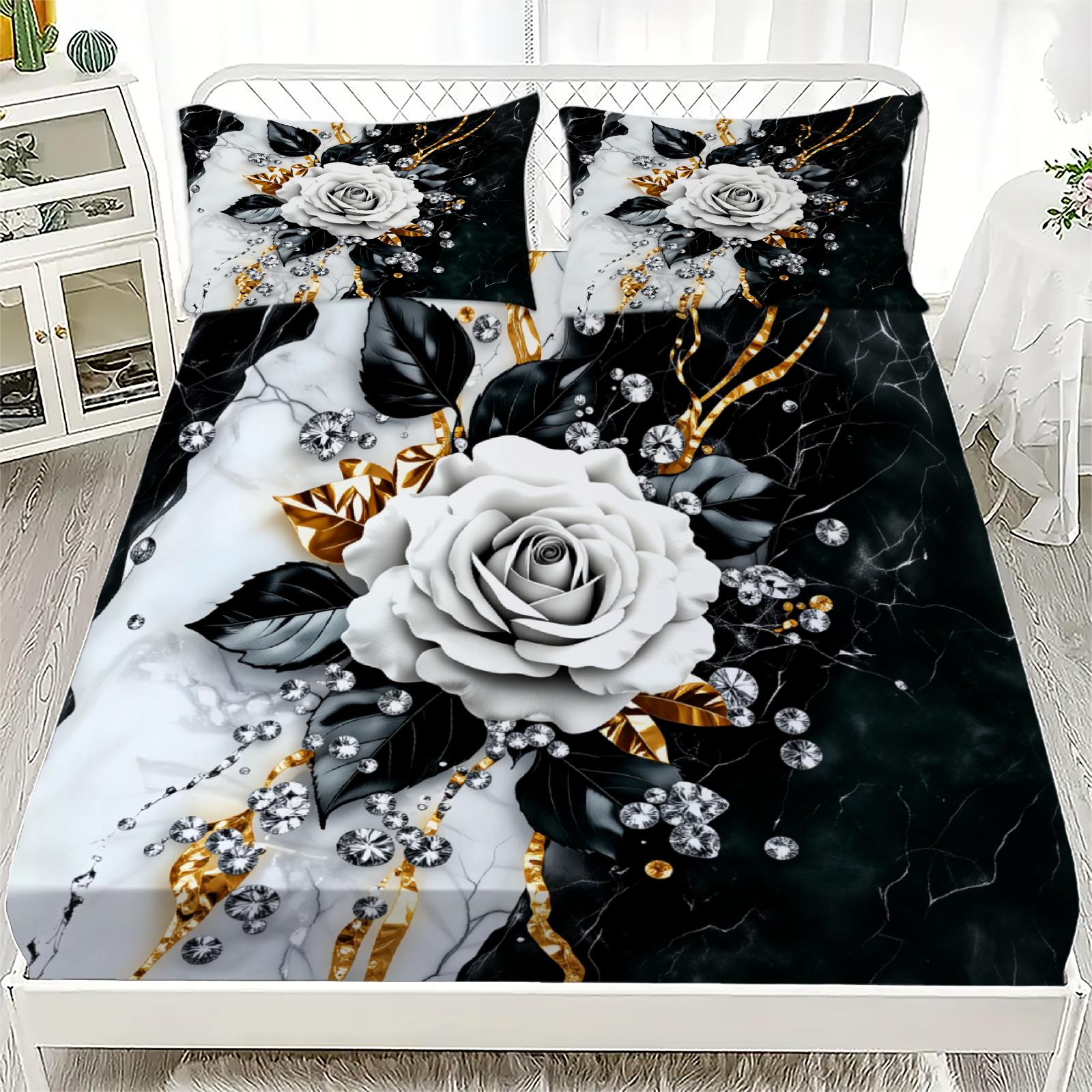 

3pcs Rose Flower Fitted Sheet 3D Printed Black White Gold Floral Flat Sheet Sets With Pillowcases No Filling Luxury For Women EU Double(200x200cm)