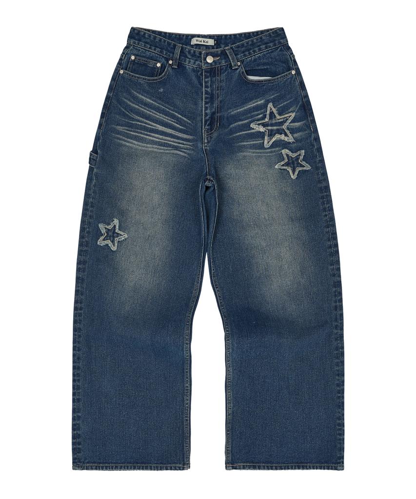 WAIKEI Star Applique Embroidery Denim Pants Medium Blue