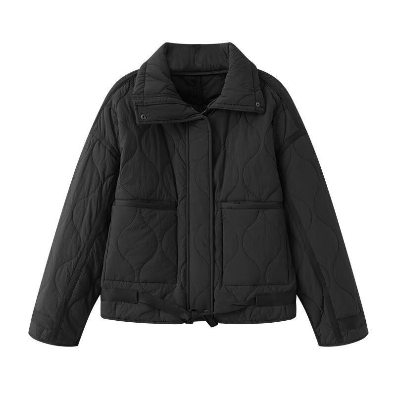 Womens Oversized Cotton-Padded Jacket With Large Pockets Solid Color Zipper Front Loose Fit 2025 Casual Outerwear