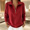 Women's Fashion Color Flared Lapel Zippered Loose Long Sleeve Pullover Hooded Sweatshirt Top