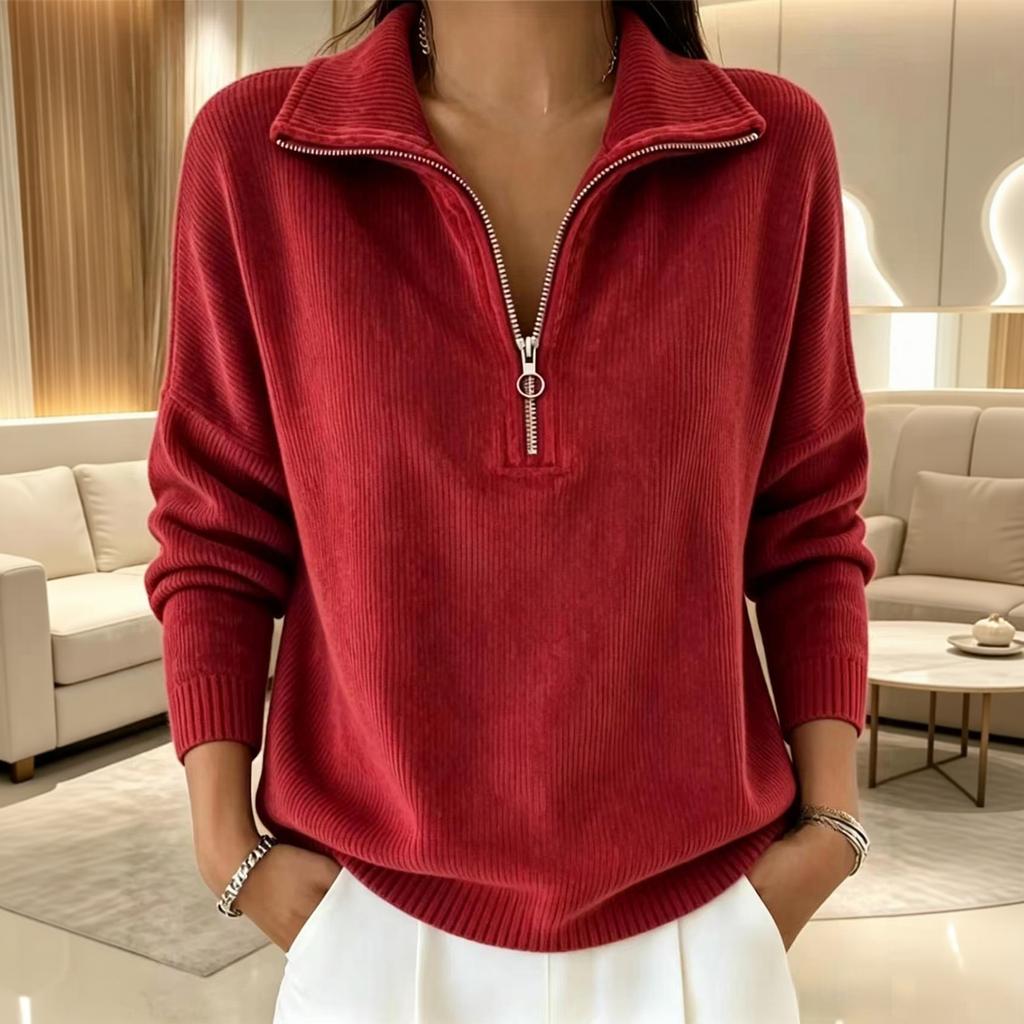 Women's Fashion Color Flared Lapel Zippered Loose Long Sleeve Pullover Hooded Sweatshirt Top