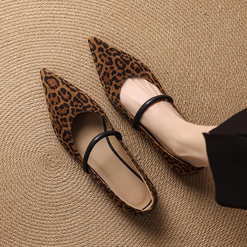 Fashion 2025 Spring Women Flats Pointed Toe Low Heel Sheep Suede Leather Women Shoes Concise Retro Leopard Print Mary Janes Ladies Shoes