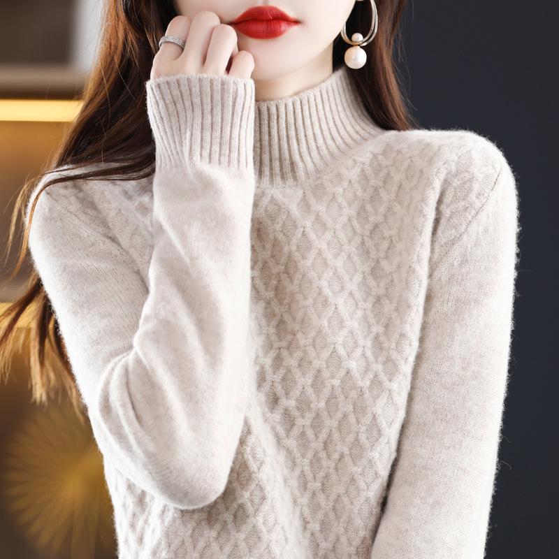 Women's High Neck 100% Pure Wool Pullover Knit Sweater - Autumn/Winter, Loose Fit, Thickened Layer