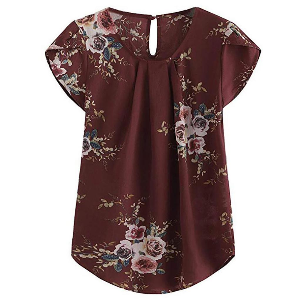 Women's Fashion Color Printing Short-sleeved Button Round Neck Casual Tops