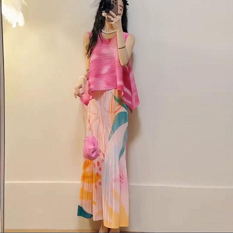 New Spring/Summer Small Tall Pink Gradient Sleeveless Top Printed Half Skirt Set