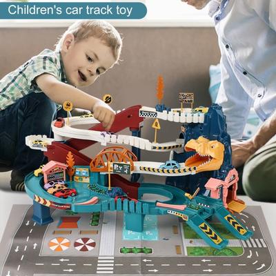 1 ensemble de jouets de piste de dinosaure avec de petites voitures, carte autocollante, route de montagne, tunnel de dinosaure, parking, jouet de construction éducatif pour tout-petits, garçons et filles, cadeau