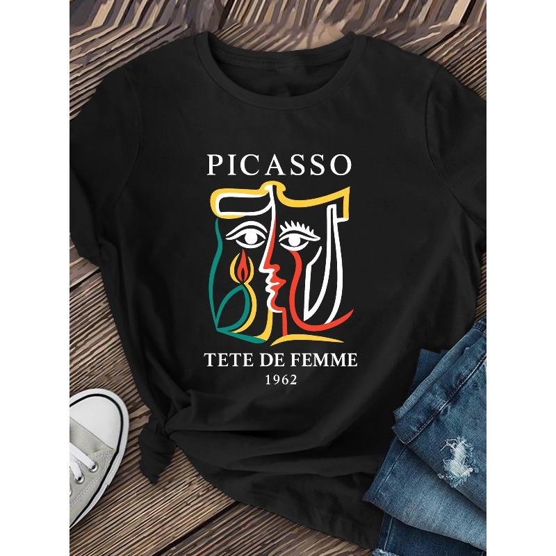 Women's Picasso Cubist Portrait T-Shirt - Iconic Artist Style Short Sleeve Round Neck Casual Top, Cubism Artwear for Spring Summer Fall,