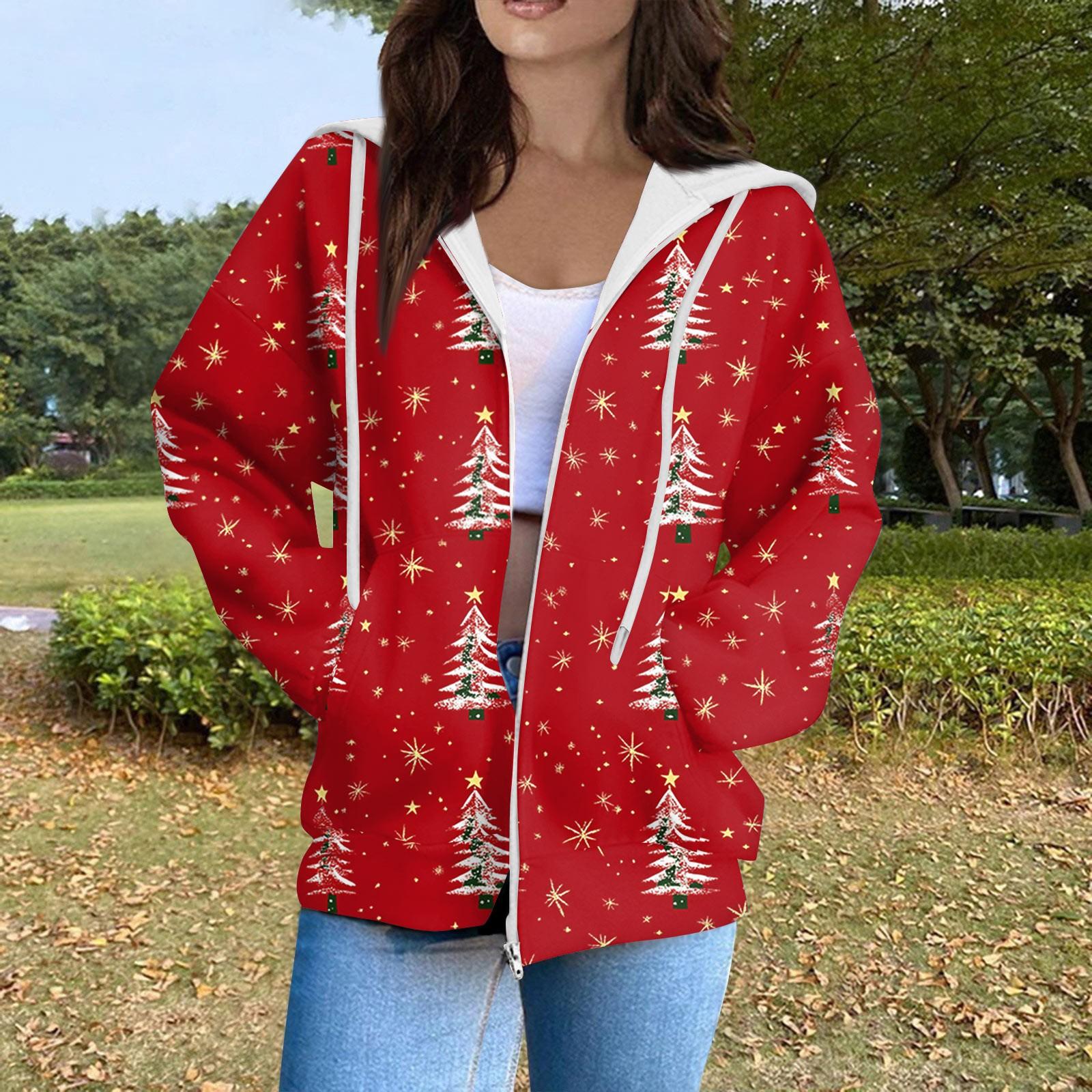 

Женская модная повседневная толстовка с рождественским принтом и длинными рукавами, карманная куртка, пальто с капюшоном на молнии M красный