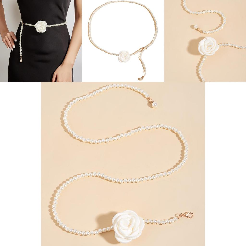 Elegant Simulated Pearl And Rose Decoration Women Casual Waist Chain For Casual Or Formal Wear