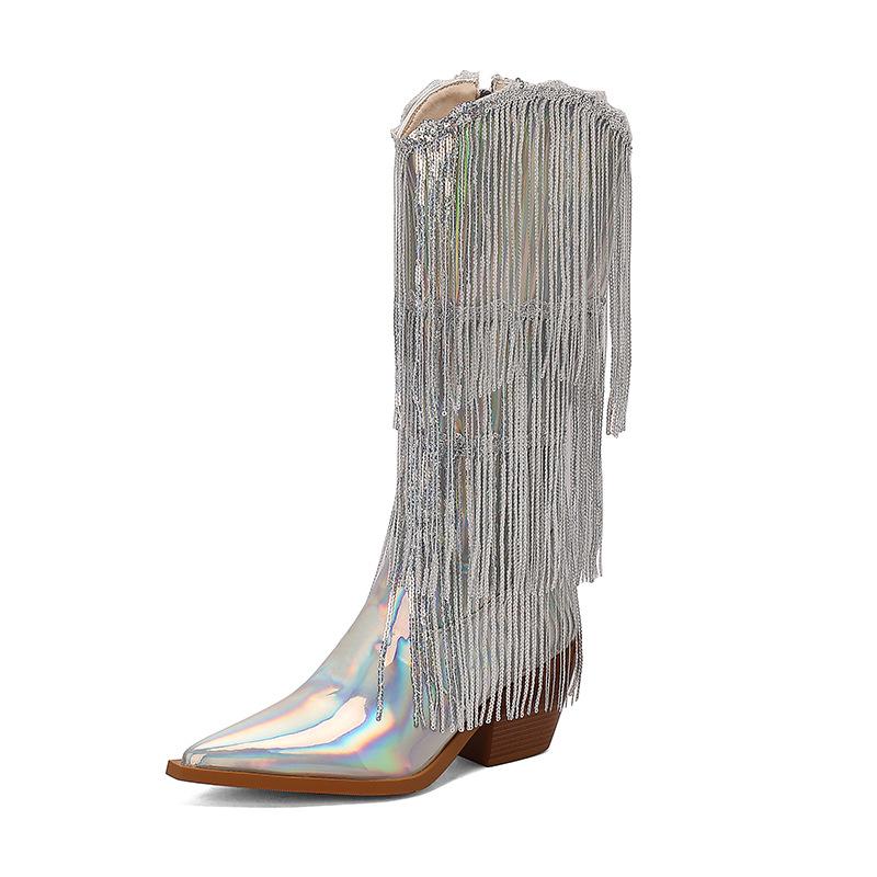 Fashion IPPEUM Fringe Cowboy Boots For Women  Mid Calf Pu Leather Size 46 Winter Knee High Western Silver Cowgirl Shoes
