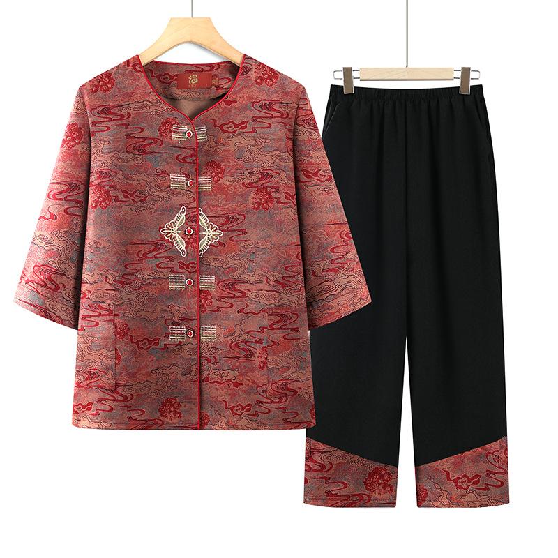 

Летний комплект танского костюма с рукавом семь восьмых для пожилых женщин 4XL (suggested 135-145 jin) красный