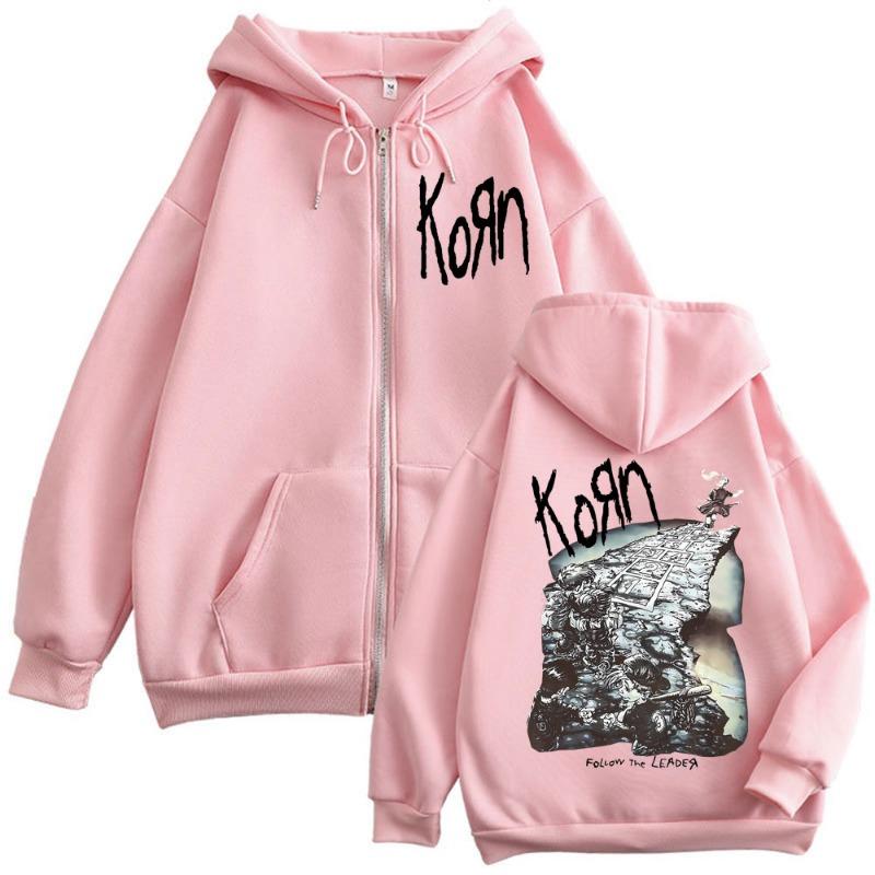 Pop Band Korn Ftl 25 Follow The Leader Graphic Zipper Hoodie Rock Hip Hop Vintage Zip Up Sweatshirts Unisex Oversized Pullovers