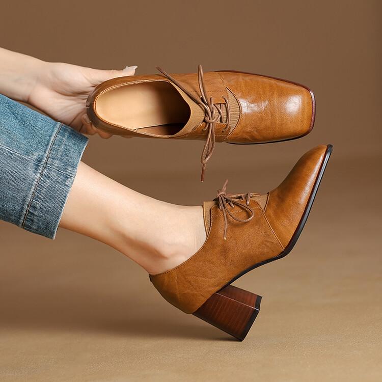 Fashion NEW Spring/Autumn Women Pumps Genuine Leather Shoes for Women Square Toe Chunky Heel Shoes Concise Black Lace-up Handmade Shoes