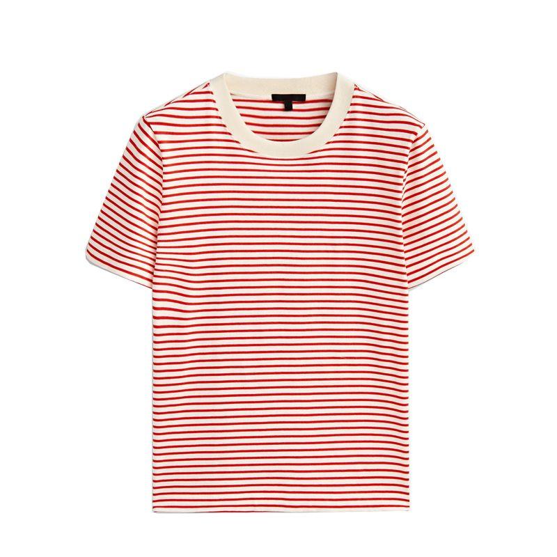 

MD Women s 2024 New Arrival Contrast Color round Neck Loose Cotton T-shirt Pinstripe Short Sleeve T-shirt Female 6887547 Red Stripes S
