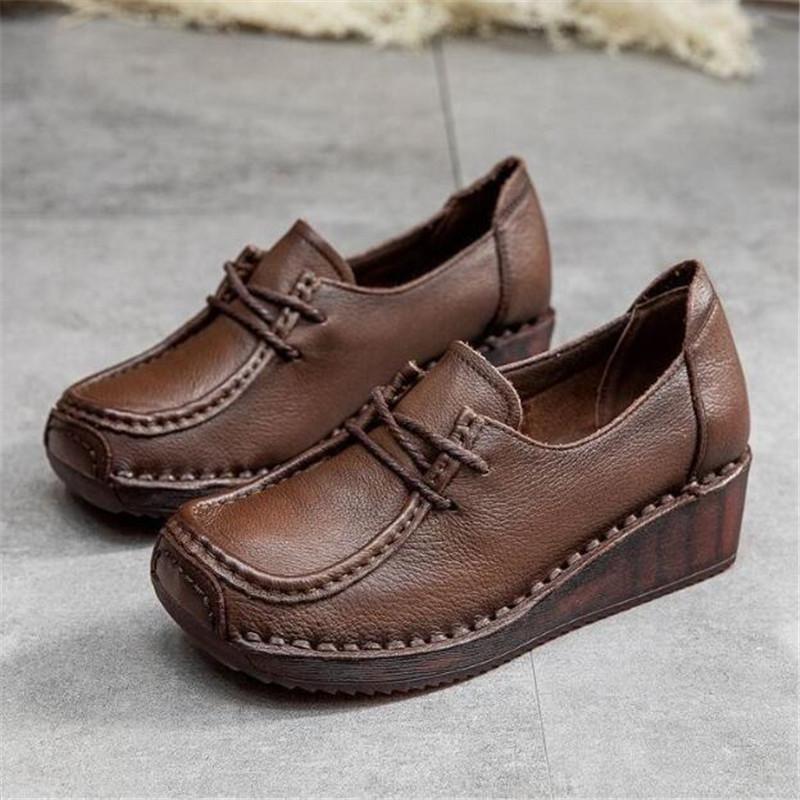 Fashion Women Retro Genuine Leather Flats Sneakers Women Platform Lace Up Flats Shoes Female Wedge Moccasins Woman Casual Shoes