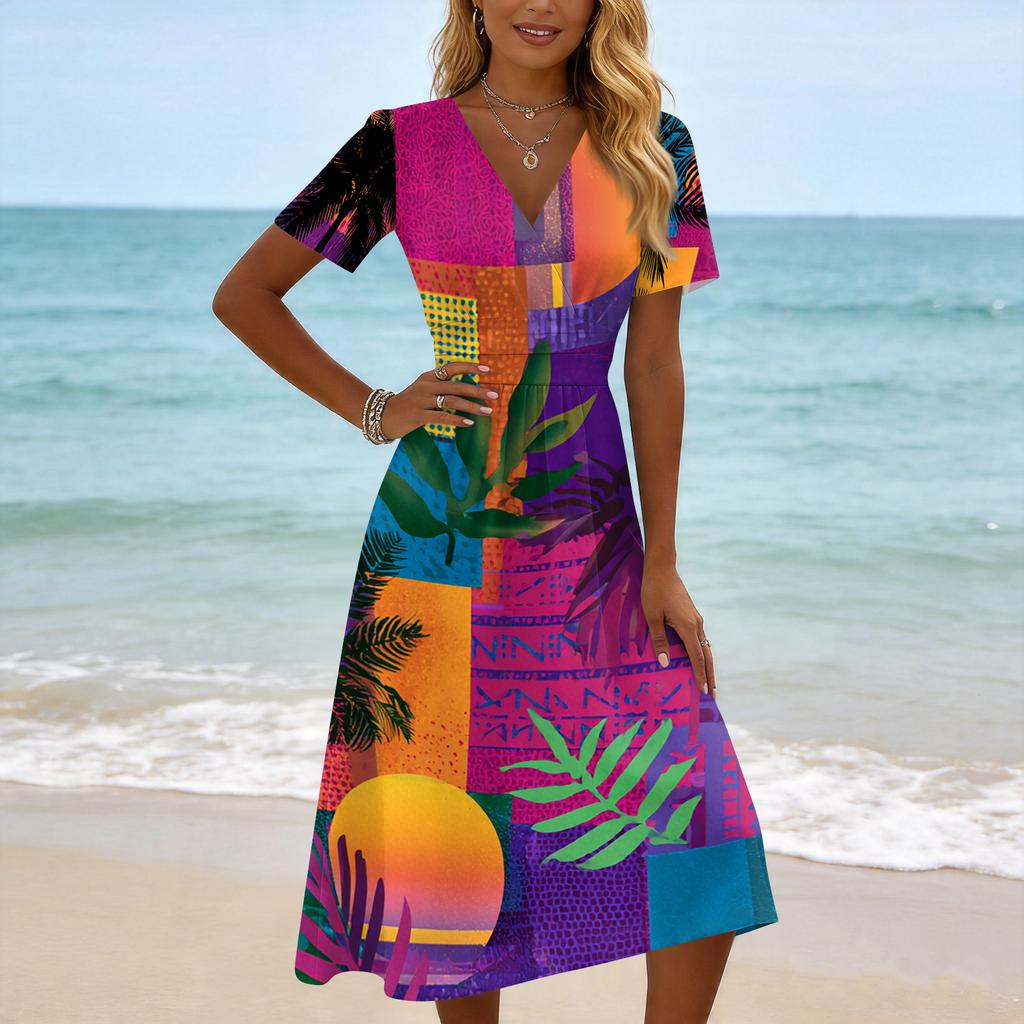 Women's Casual Fashion Hawaiian Print Short-Sleeve V-Neck Dress