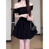 French One-word Shoulder Off-the-shoulder Red Dress Women's Summer New Small Beautiful Puffy Bud Dress