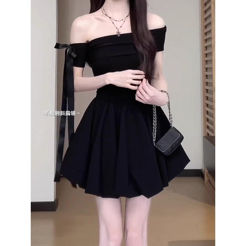 French one-word shoulder off-the-shoulder red dress women's summer new small beautiful puffy bud dress