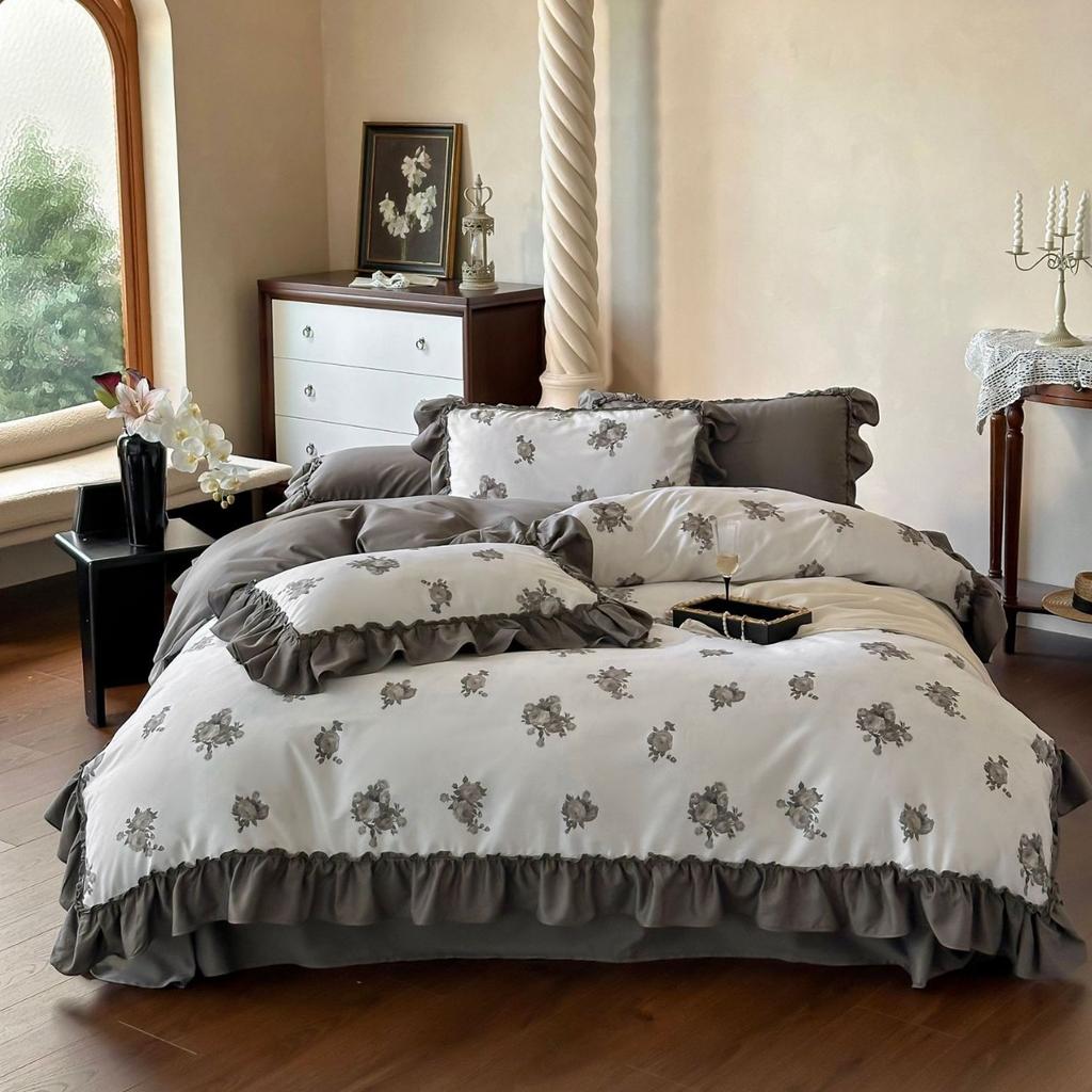 Cotton Bedding Four-piece Rose Printing Skin-friendly Breathable Comfortable Quilt Cover Bed Sheet Pillowcase Kit