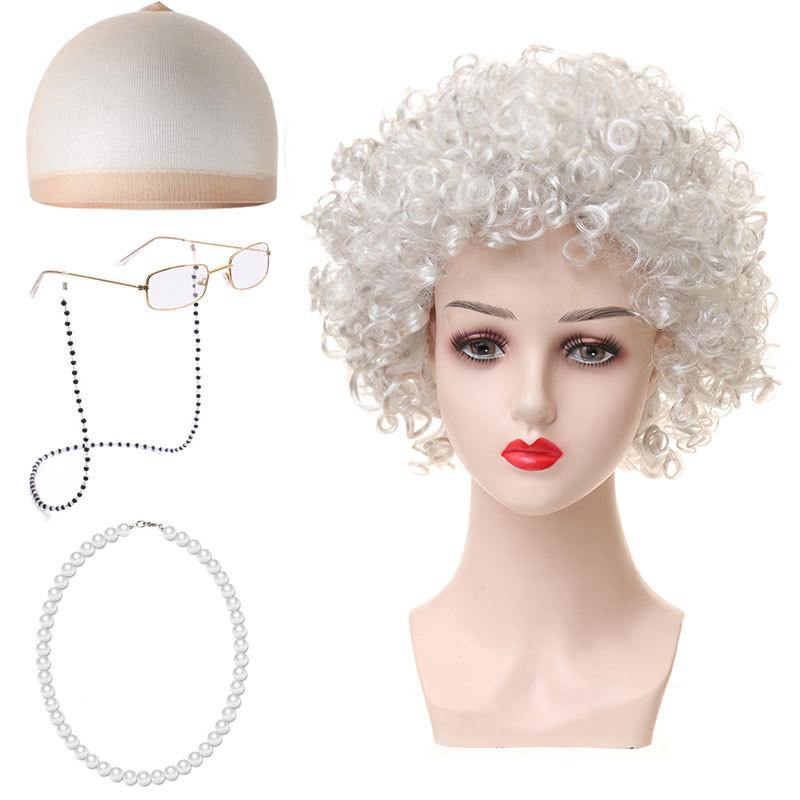 Set Parrucca Riccia da Nonna Corta Per Costume di Halloween Con Vari Colori alla Moda