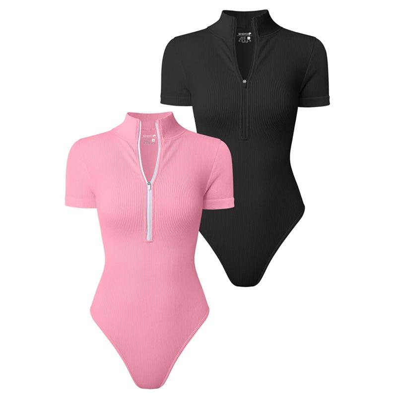 Dámský Sexy Žebrovaný Jednodílný Krátký Rukáv s Předním Zipem a Tanga Bodystocking