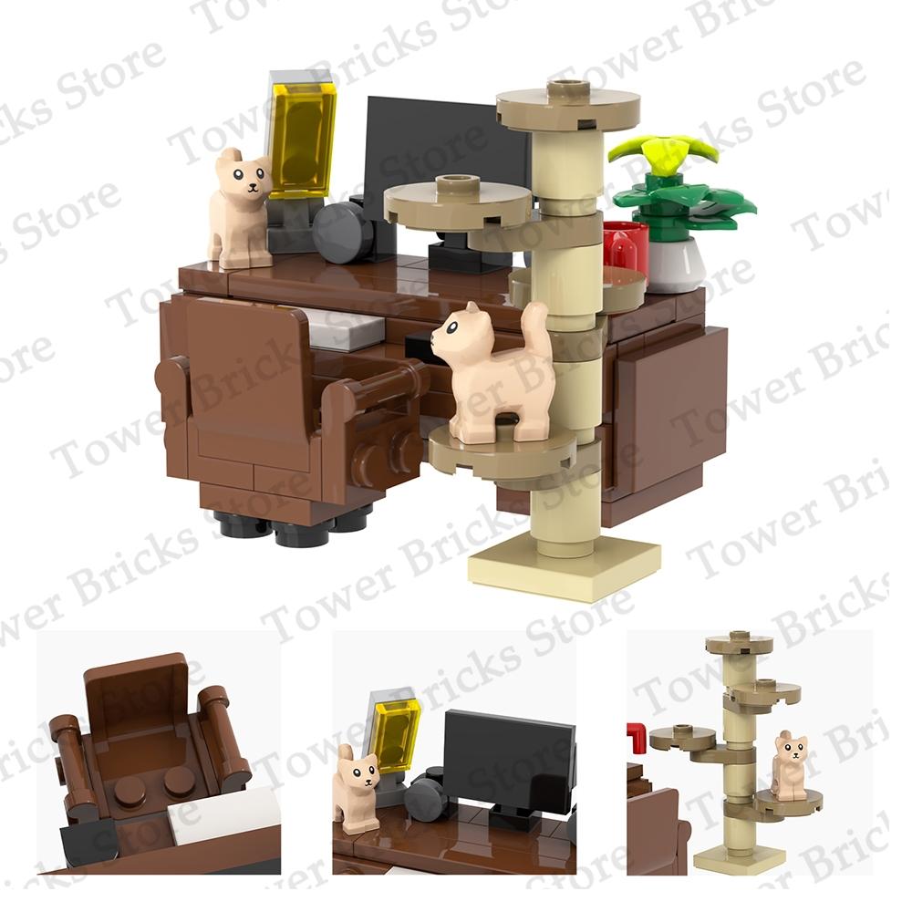 MOC City Computer Table Bricks Furniture Office Desk Room Compatible Figure Building Blocks Toys For Children Adult Friends Gift