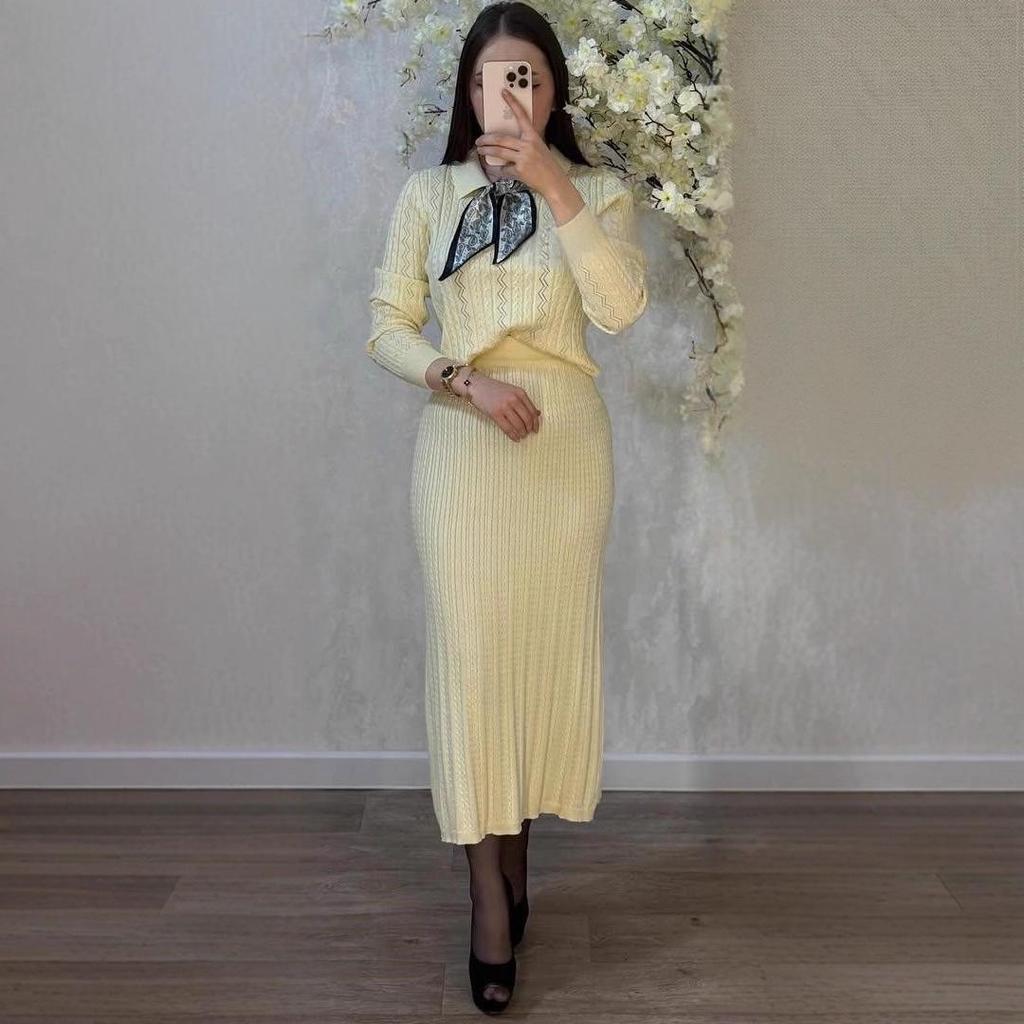 Autumn 2025 Women's European & American Fashion: Lapel Knit Sweater & Slimming Long Skirt Set