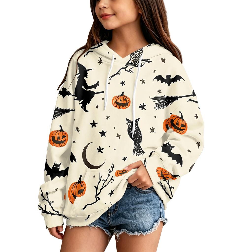 Kids Casual Hooded Sweatshirt with Halloween Print Pullover for Daily Wear