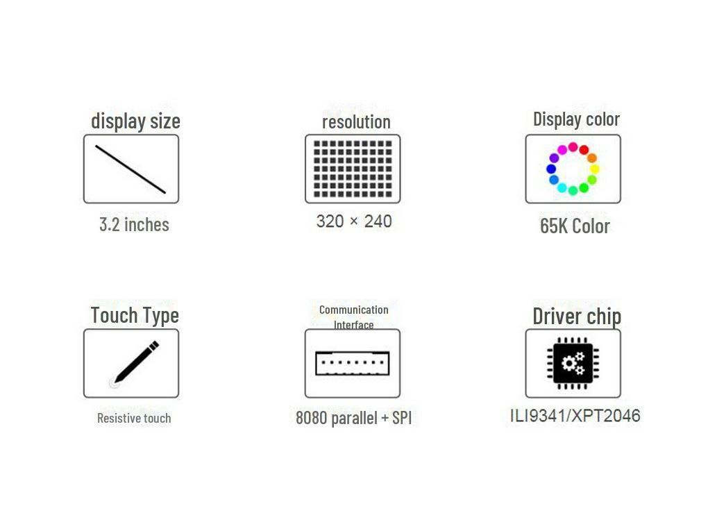 3.2" TFT LCD Color Resistive Touchscreen, 320x240 Resolution