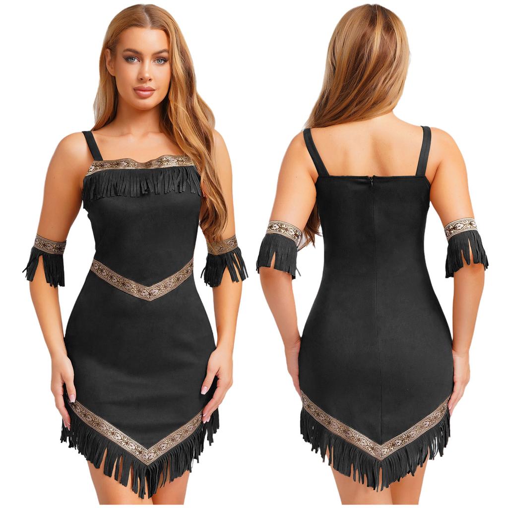 Costume Principessa Indiana Nativa da Donna 2pz Abito in Ecopelle Halloween Cosplay Pocahontas Uomo delle Caverne Principessa Selvaggia Abito con Frange