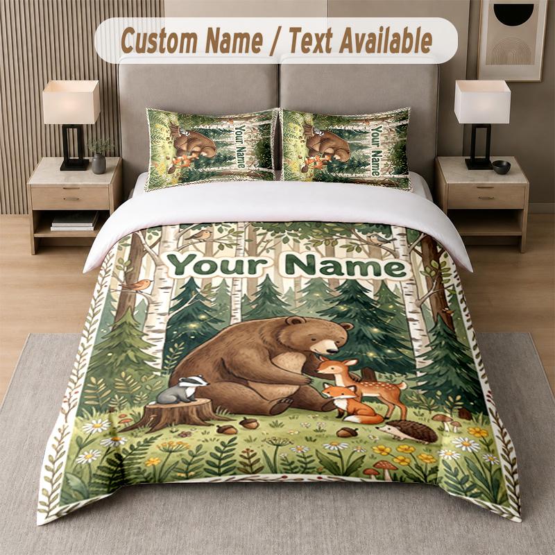 Set de așternut cu tematică Pădure de ciuperci, text sau nume personalizat, 3 piese: 1 cearșaf plat și 2 fețe de pernă, așternut de casă personalizat